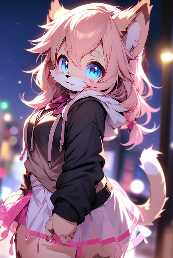 Cute, anime, furry, cat_girl, eyes_pink, hair_short, hair_pink, ears_large, large_breasts, tail_long, hair-bowtie_black, hoodie_pink, skirt_black