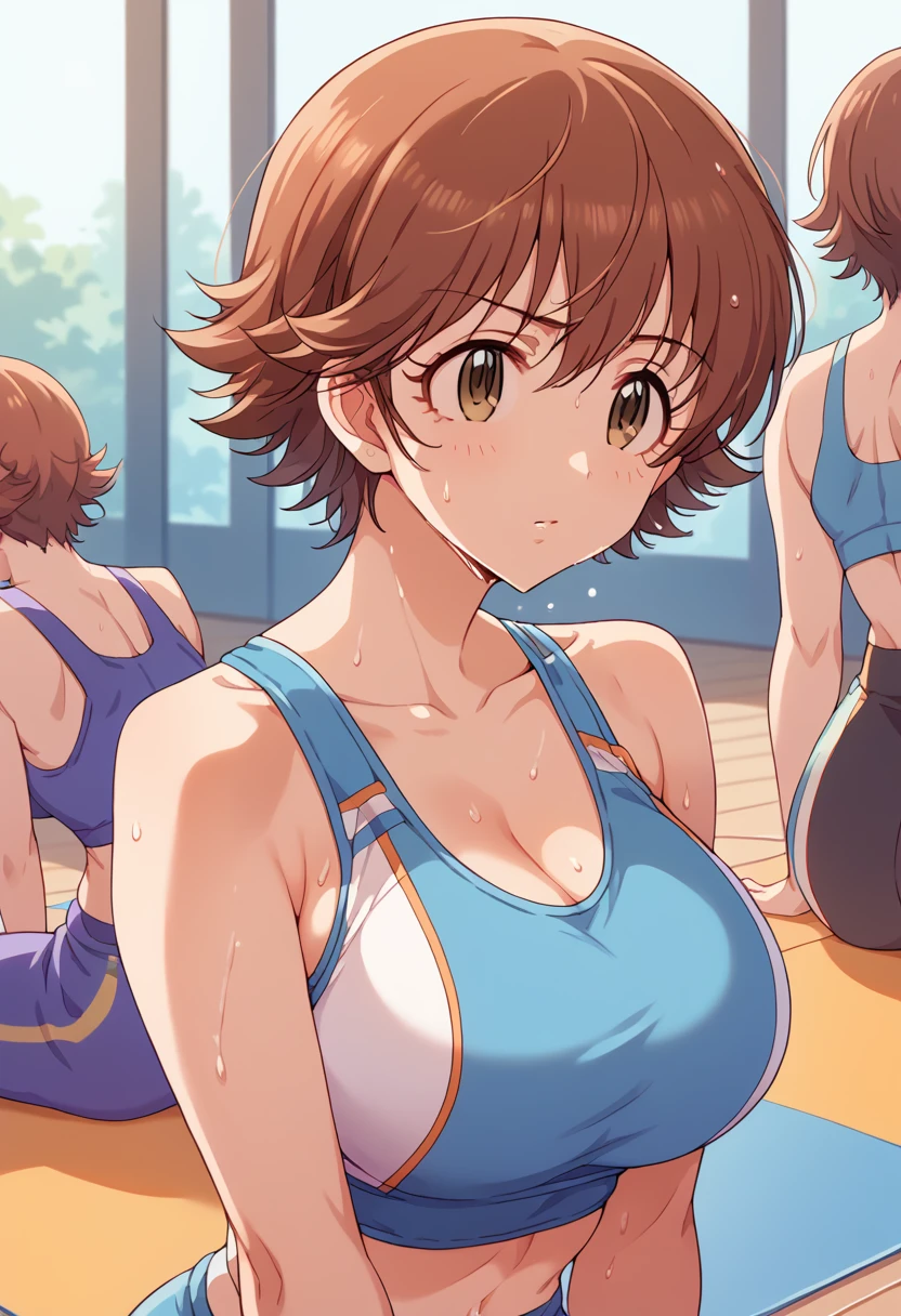 My honda, bigger breasts, Idol, short brown hair, rehearsal, yoga clothes, sweating