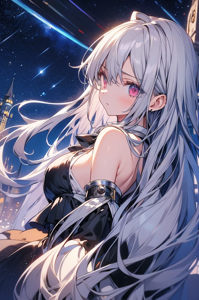 BREAK long white-silver hair, braid, side bangs, hair ornament, flower hair clip, blue eyes, thin lips, small boobs, thin thighs
BREAK casual dress, gold ring, sleeveless dress, dark blue dress
BREAK looking at viewer, upper body, blush, slightly annoyed face
BREAK (masterpiece:1.2), best quality, high resolution, unity 8k wallpaper, (illustration:0.8), (beautiful detailed eyes:1.6), extremely detailed face, perfect lighting, extremely detailed CG, (perfect hands, perfect anatomy)