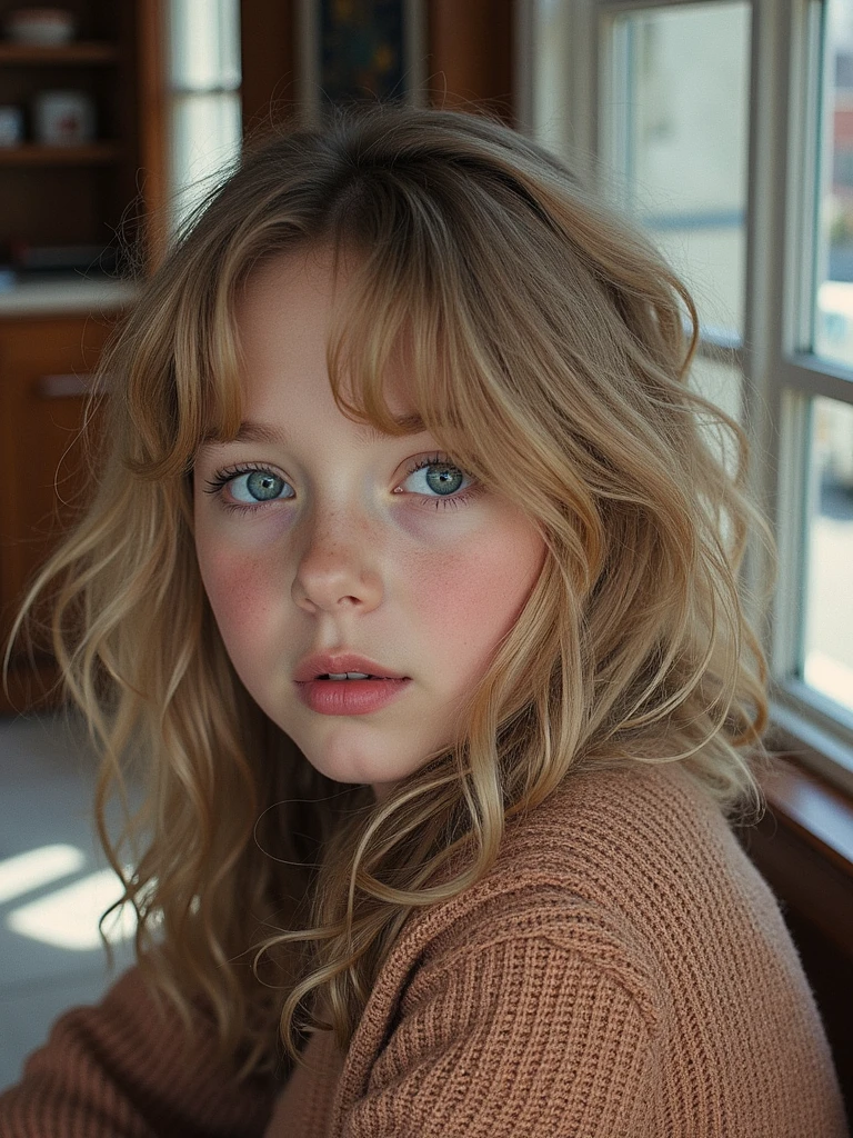 (One lady)、"Full body portrait of attractive 7 year old girl with hay-colored curly hair, Hairstyles in the late 80s, Small freckles, Beautiful face, Seductive dark blue eyes, and moderate bust size, Show its natural beauty."