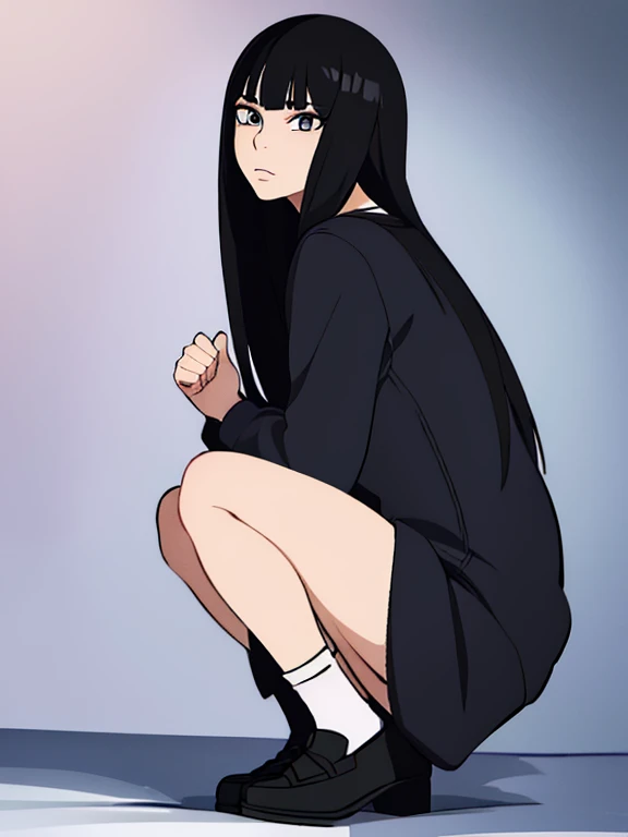 ((best quality)),((highly detailed)),masterpiece,absurdres,detailed face,beautiful face,((detailed eyes, deep eyes)),((dynamic pose)), sawako, 1femboy, girly, otokonoko, transgender, femboy, black hair, solo, long hair, bangs, black eyes, blunt bangs, open mouth, hime cut, white t-shirt, black miniskirt, white socks, black shoes, full body, femboy, transgender, otokonoko, sexy, pfp