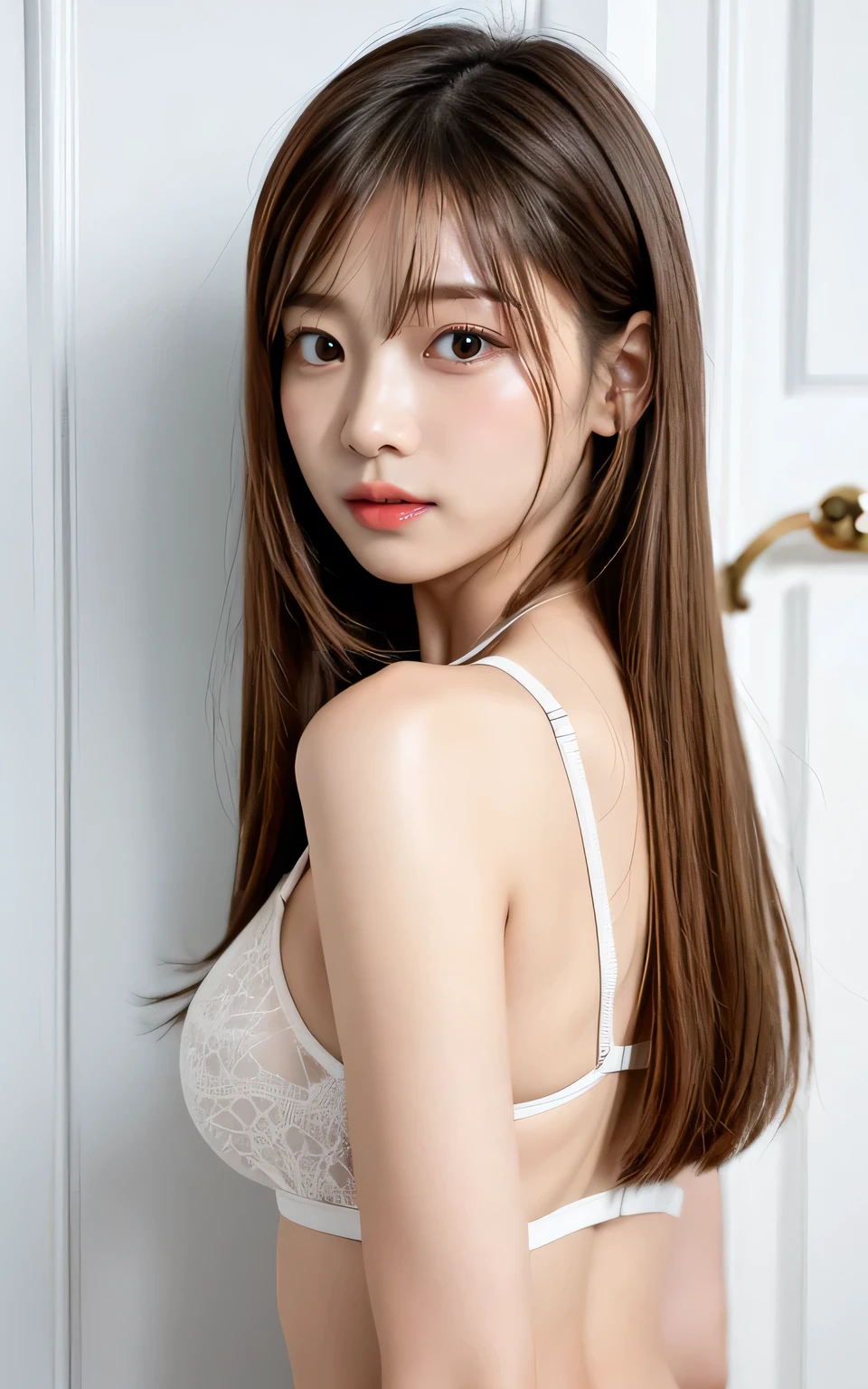 {{Pastel colored blouses::See-through::Bra}}、((Best Quality、8k、masterpiece:1.3))、Ultra-high resolution、(photoGenuineistic:1.4)、((White wall、In front of a white door、White wall room with window))、RAW Photos、Japanese,(【Facial details)、Genuine、(([profile))、Photographed in natural light、Highly detailed face and skin texture、Highly detailed lips、Correct the condition of the human body、Straight Hair、Light Hair Color、Mr.々A pose、Natural color lip 、Long Hair、((Light brown straight hair))、{{Straight Hair}}、Shot in the back、Don&#39;t look at the camera、Professional Lighting、Angle from behind、Photographed in natural light、Super detailed、{{One Person、High school girl;smile:Double Eyes：mascara}}、Hair is straight、Enhances hair shine