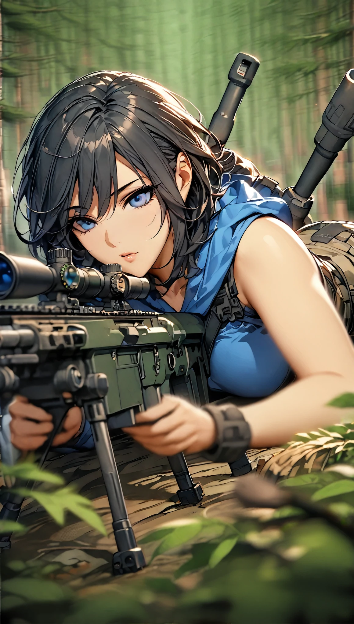 (masterpiece),(Best Quality),(High resolution),(Very detailed),One Woman,4,Mature Woman,Japanese,Black Hair,Short Bob,Beautiful Eyes,Long eyelashes,Beautiful Hair,Beautiful Skin,strict,whole body,break(((aim at something with a sniper rifle))),((View attractions))(Lying down),((Sniper Rifles)),Blue sleeveless hoodie、Combat Boots, Tactical Foster,Tactical Headsets,(The background is a deep forest),(((Background Blur)))