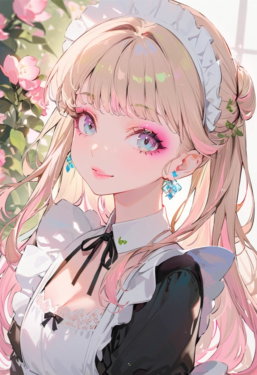 (Maid:1.5),(Best Quality,Super detailed,High resolution:1.2),Beautiful girl with a perfect face,very_Long eyelashes, Detailed lips, A radiant smile, Soft Skin, Shiny Hair,Vibrant Background, Natural Light,The cutest girl in the world,Exquisite makeup,LOL、front