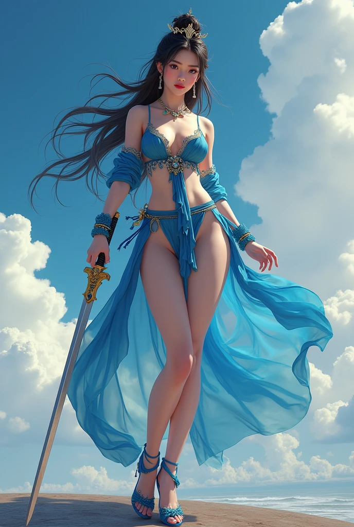((aeolian)), 1 girl, beautiful face, Princess, wearing transparent blue bra without underwear, full body view, long loose black hair, fantasy castle landscape, no underwear, slim body, long legs, wearing high heels, shiny skin, ((bottomless))