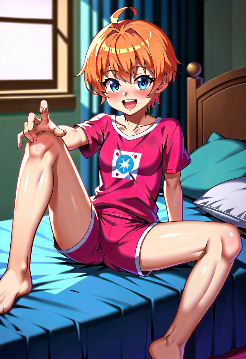 ((Best Quality)), ((masterpiece)), (be familiar with), Perfect Face, indoor, bedroom, Watching the audience,
One woman, Tacheng Kitten,
Open Mouth, Ecstatic expression, blush, smile,
Small breasts, Flat Chest, , , child, Girl,
Short Hair, Short Hair,
Leg spread,