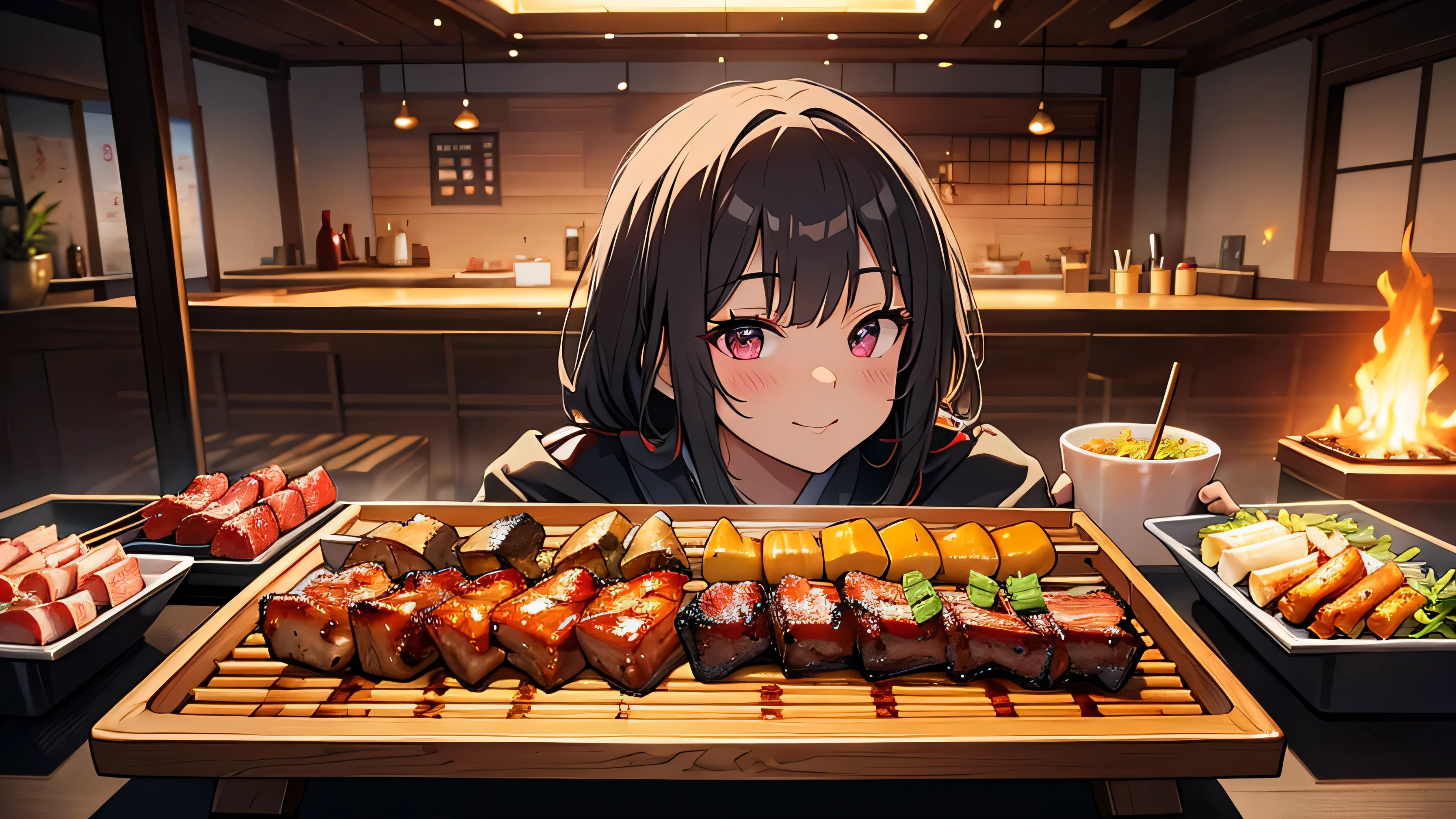 Anime character sitting in front of a grill with a variety of food ...