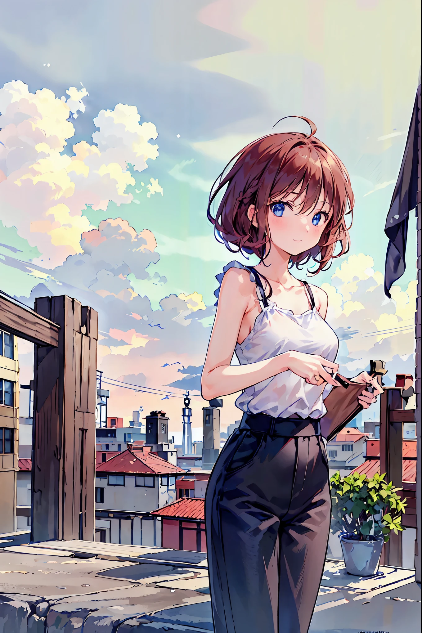 ((Center of chest, Tomboy, Small Head)), Dawn, sunlight, (Defined Abs: 1.1), (Perfect body: 1.1), (Short Wavy Hair: 1.2), Auburn Hair, Full body photo, Crowded street, Wearing a white vest, ((Shorts)), (Highly detailed CG 8k wallpaper), (Very delicate and beautiful), (masterpiece), (highest quality: 1.0), (ultra-High resolution: 1.0), Beautiful lighting, Perfect Lightning, Realistic Shadows, [High resolution], Delicate skin, Super detailed, Cute Smile