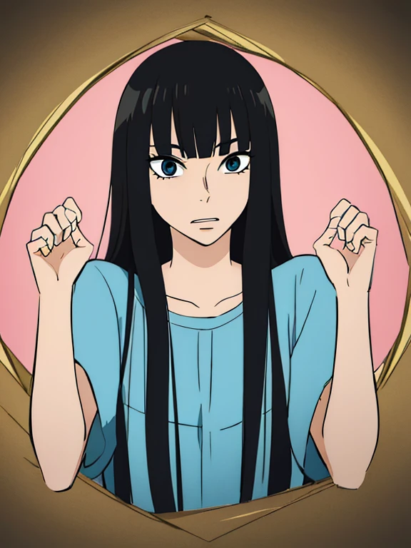 ((best quality)),((highly detailed)),masterpiece,absurdres,detailed face,beautiful face,((detailed eyes, deep eyes)),((dynamic pose)), sawako, 1femboy, girly, otokonoko, transgender, femboy, black hair, solo, long hair, bangs, black eyes, blunt bangs, open mouth, hime cut, white t-shirt, upper body, femboy, transgender, otokonoko, sexy, pfp 