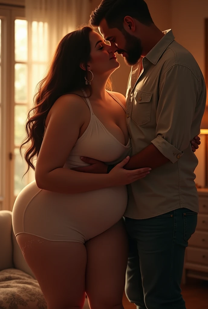 Sexy big butt bbw submissive busty woman in face mask on knee submitting to Handsome shirtless man standing at door , erotic , full body , wide screen shot , bright photo bedroom