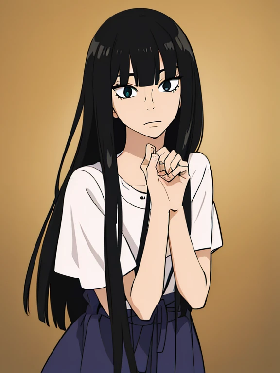 ((best quality)),((highly detailed)),masterpiece,absurdres,detailed face,beautiful face,((detailed eyes, deep eyes)),((dynamic pose)), sawako, 1femboy, girly, otokonoko, transgender, femboy, black hair, solo, long hair, bangs, black eyes, blunt bangs, open mouth, hime cut, white t-shirt, upper body, femboy, transgender, otokonoko, androgynous