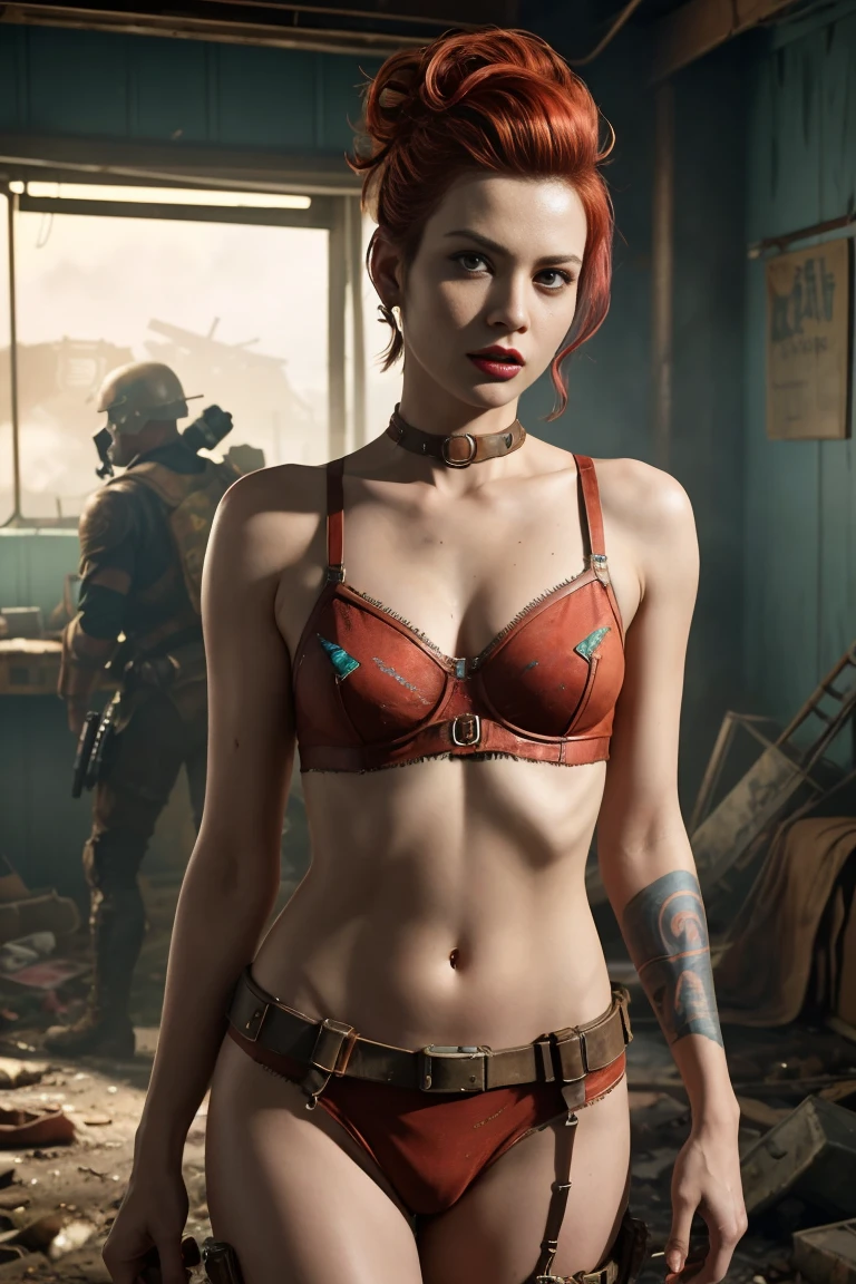 A fierce and beautiful woman, (Grace Kelly:Gillian Jacobs:0.5), multicoloured punk hairstyle, (wearing a revealing high detail raider outfit from Fallout 4), armed, high detail face, high detail skin, seductive expression, perfect body, (perfect proportions), a nuclear wasteland background with scattered ruins, high quality, (masterpiece), (realistic photo), intricately detailed, 8k, HDR, shallow depth of field, wide light, high contrast, backlight, sharp focus, RAW color photo, looking at the camera, vibrant colors, dynamic poses, in the style of Fallout 4