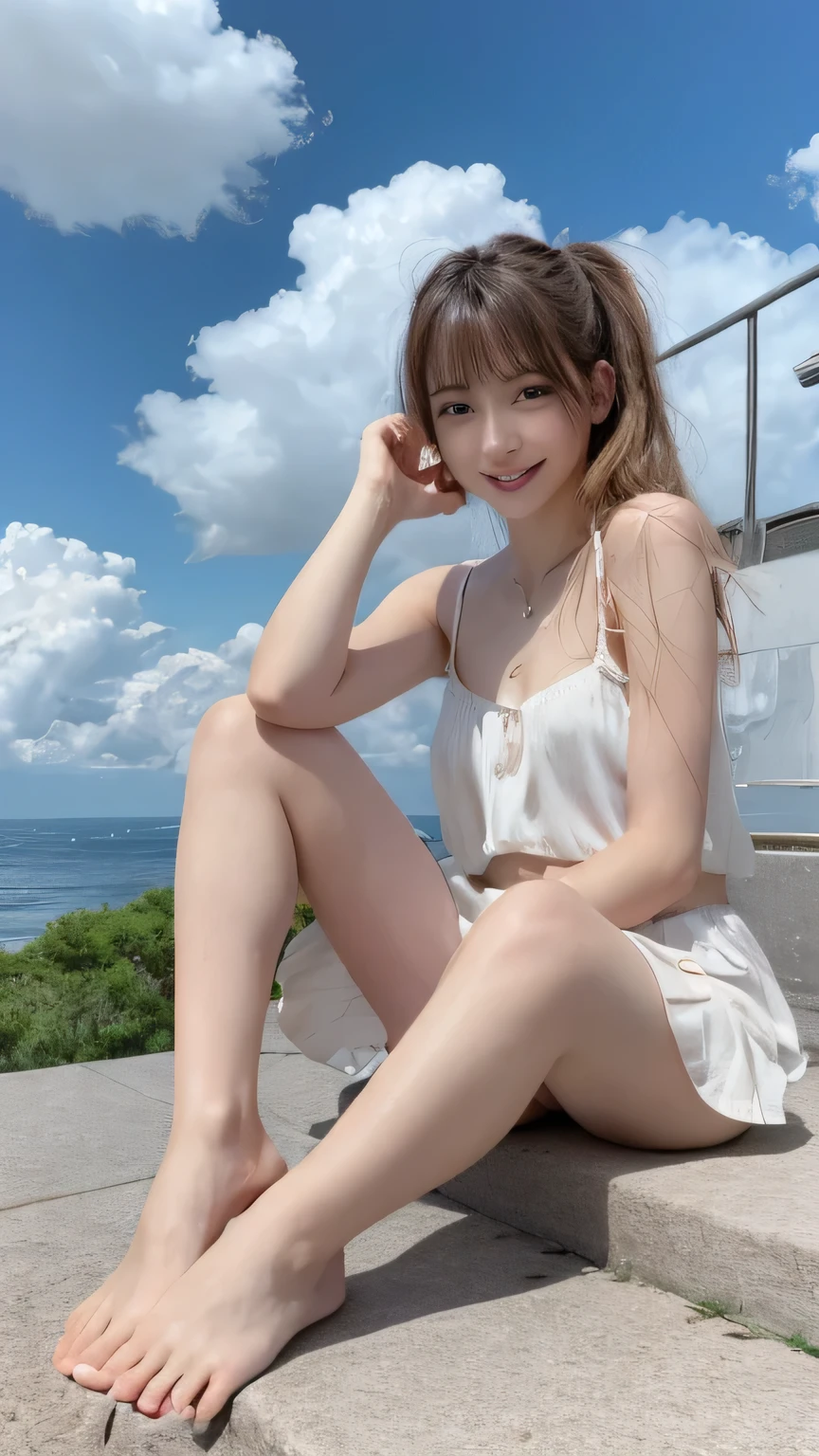 Little girl on top，Looking down，from below，White light panties，Sit on the slide，Crotch view，bottom angles，Mocking expressions，Smiling，White light bandeau，Large angle upward view，the sky background