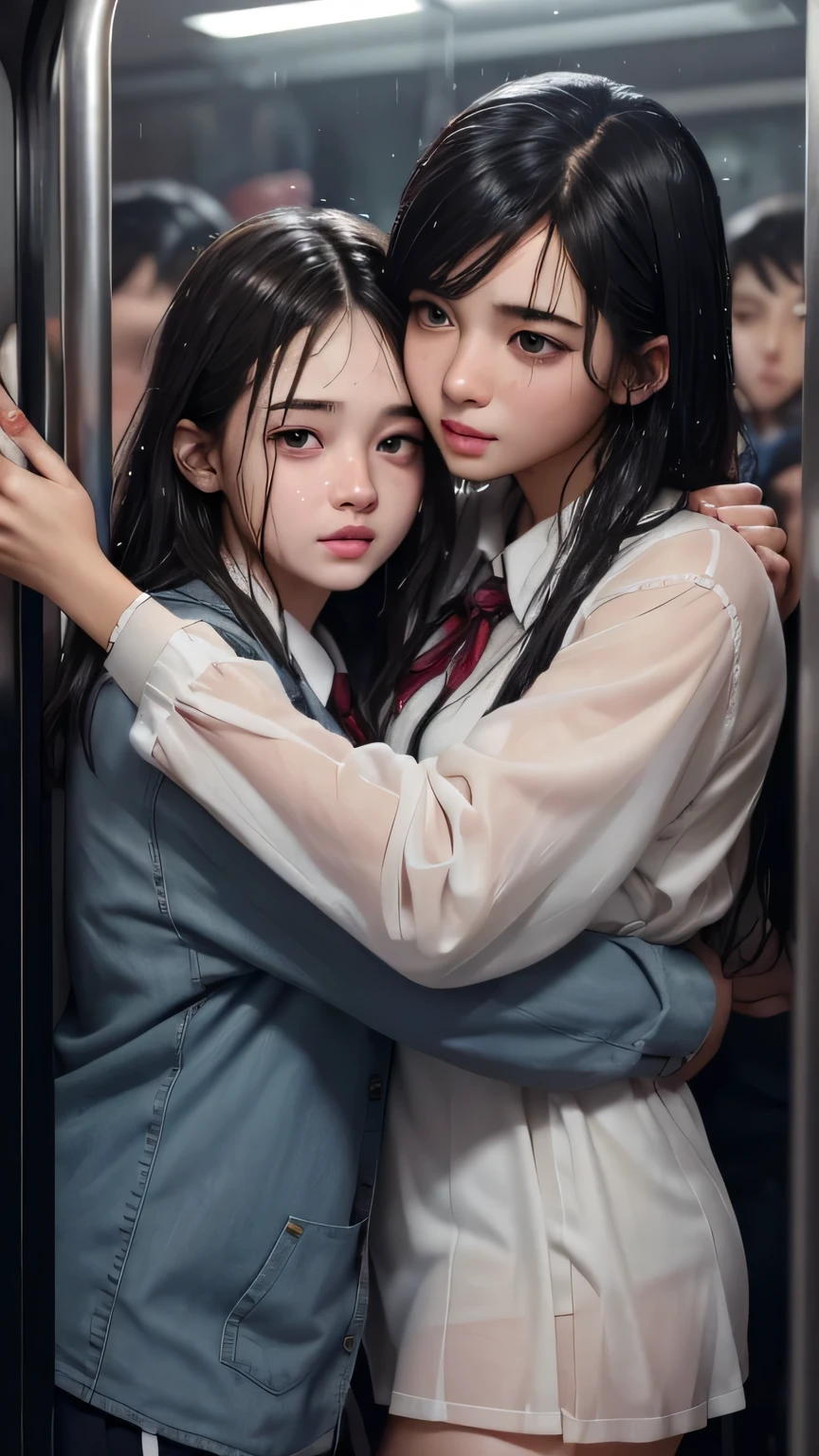 a crowded train with students in school uniforms, a couple embracing from behind, the girl's clothes are sheer and wet, the boy molesting the girl, detailed facial expressions showing the girl's embarrassment and the boy's molestation, (best quality,4k,8k,highres,masterpiece:1.2),ultra-detailed,(realistic,photorealistic,photo-realistic:1.37),highly detailed facial features,extremely detailed eyes and face,longeyelashes,photorealistic,beautiful detailed eyes,beautiful detailed lips,molester,nsfw,embarrassed expression,wet clothes,crowded train,school uniforms,couple,hug from behind,sheer clothes