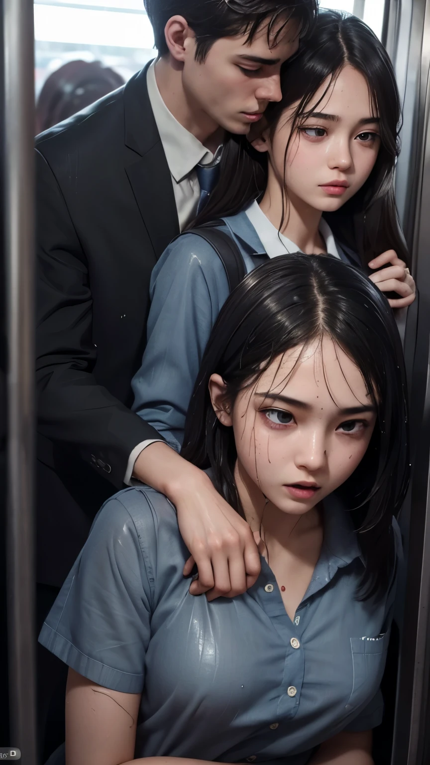 a crowded train with students in school uniforms, a couple embracing from behind, the girl's clothes are sheer and wet, the boy molesting the girl, detailed facial expressions showing the girl's embarrassment and the boy's molestation, (best quality,4k,8k,highres,masterpiece:1.2),ultra-detailed,(realistic,photorealistic,photo-realistic:1.37),highly detailed facial features,extremely detailed eyes and face,longeyelashes,photorealistic,beautiful detailed eyes,beautiful detailed lips,molester,nsfw,embarrassed expression,wet clothes,crowded train,school uniforms,couple,hug from behind,sheer clothes