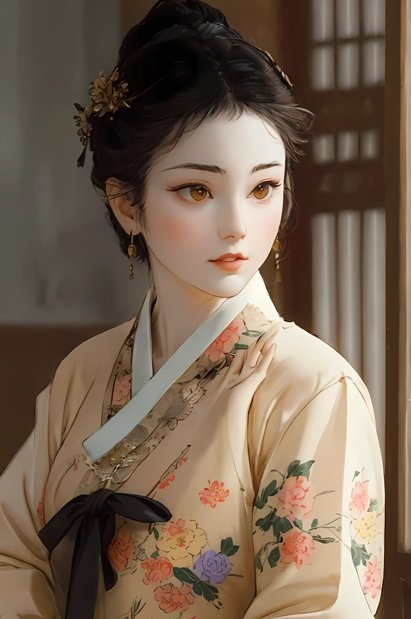 （China - chic Korean intellectual girl，Anatomical correct，a Korean girl, who is about twenty-five or thirty years old，black long hair in a bun, Wear a cream top hanbok：1.2，Oriental elements），（Color card description：1.4），（Korea - Fashion illustration：1.5，Vector painting：1.5），The dynasty is the late Joseon Dynasty，the wife of a noble, There are flowers as her hairpin on the head，Than A，Because this book is to attract some players in the Hanbok circle, The performance and restoration of Hanbok are relatively high.（Chinese color，senior color matching，faint wooden backgrounds，white background），（The content is very detailed，Reasonable design，Clear lines，high-definition picture quality，tmasterpiece，offcial art，movie light effect，4K）Wear a yellow and cream hanbok、Feder woman with flowers in her hair, Inspired by Qiu Ying, 宮 ， A girl in Hanbok, Inspired by Zhang Sengyao, Inspired by Yun Shouping, inspired by Xie Huan, Inspired by Lan Ying, Inspired by Guo Xi, Inspired by Zhang Xuan, Inspired by Zhou Shuxi, Inspired by Wang Meng