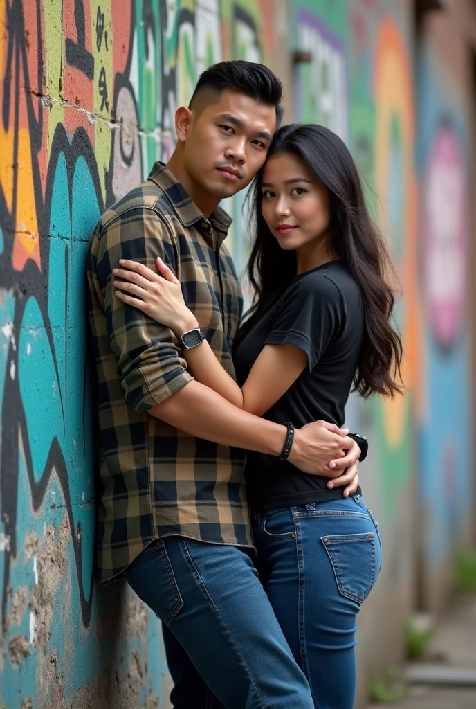 An Asian man is standing wearing a short-sleeved t-shirt and long blue jeans, A beautiful woman hugs from the side wearing a black tank top, black jeans, A woman's hand reaches into the front pocket of a man's pants.