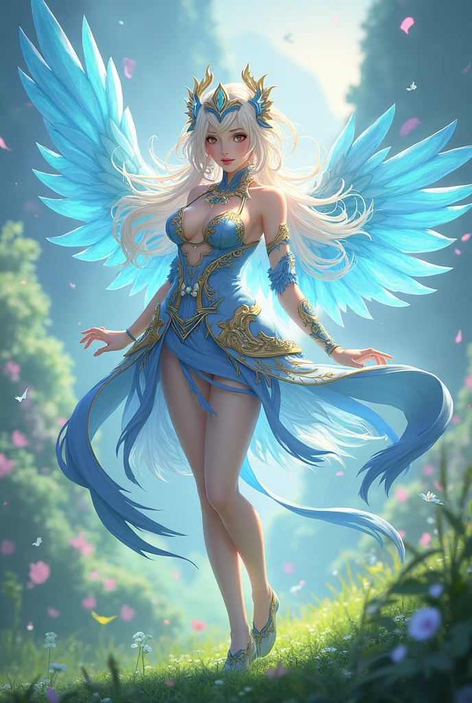 girl with, Big breasts, Bare shoulders, Blonde hair, colorful feather, metal ornaments, Colorful flowers, Particle, light, (masutepiece, of the highest quality, Best Quality, Official art, Beautiful and aesthetic:1.2), (1girl in:1.3), Extremely detailed, (Fractal Art:1.1), ( Colorful:1.1)(Flowers:1.3),highest details,(Zentangle:1.2), (Dynamic Pose), (Abstract background:1.3), (Shiny skin), (Many colors:1.4), (earrings:1.4), (Feathers:1.4), Full body image