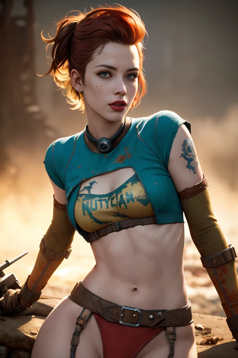 A fierce and beautiful woman, (Grace Kelly:Gillian Jacobs:0.5), multicoloured punk hairstyle, (wearing a revealing high detail raider outfit from Fallout 4), armed, high detail face, high detail skin, seductive expression, perfect body, (perfect proportions), a nuclear wasteland background with scattered ruins, high quality, (masterpiece), (realistic photo), intricately detailed, 8k, HDR, shallow depth of field, wide light, high contrast, backlight, sharp focus, RAW color photo, looking at the camera, vibrant colors, dynamic poses, in the style of Fallout 4