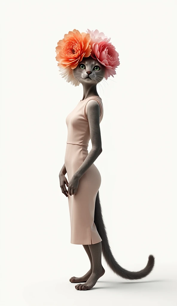 The image presents a three-dimensional sculpture standing on a polished, dark wooden base. It features a surreal creature with the slender body of a canine or feline animal, painted in soft whites and blues, reminiscent of marble or alabaster. The creature's head is replaced with a sculpted pink flower, likely a lily, with petals unfurling gracefully. The pink petals contrast gently with the pale body, and subtle hints of pink are on the creature's limbs. The observer's point of view is slightly below eye-level with the sculpture, against a neutral background, focusing on the smooth lines, contours, and the unique blend of floral and animal anatomy.