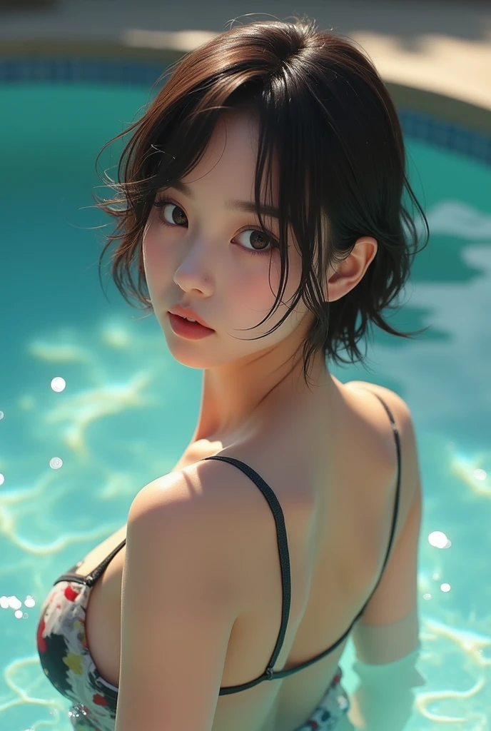 (((Misako Renbutsu)))Beautiful Young Female with Short hair in Lake, extremely delicate and beautiful,Outstanding light and shadow,Clear and bright sunlight, Professional portrait (Face Closeup from below), Semi-nude photography, close up portrait of bathing in a lake, reeds, ((backlighting)) Sparkling water surface with Reflection and Refraction, ((Soaked body in water)), (beltbra) Visible Upper breasts, {lens flare|Shade|bloom|[chromatic aberration]}, TopQuality Masterpiece of 8K Ultra-detailed DigitalPainting (by Jeremy Lipking)