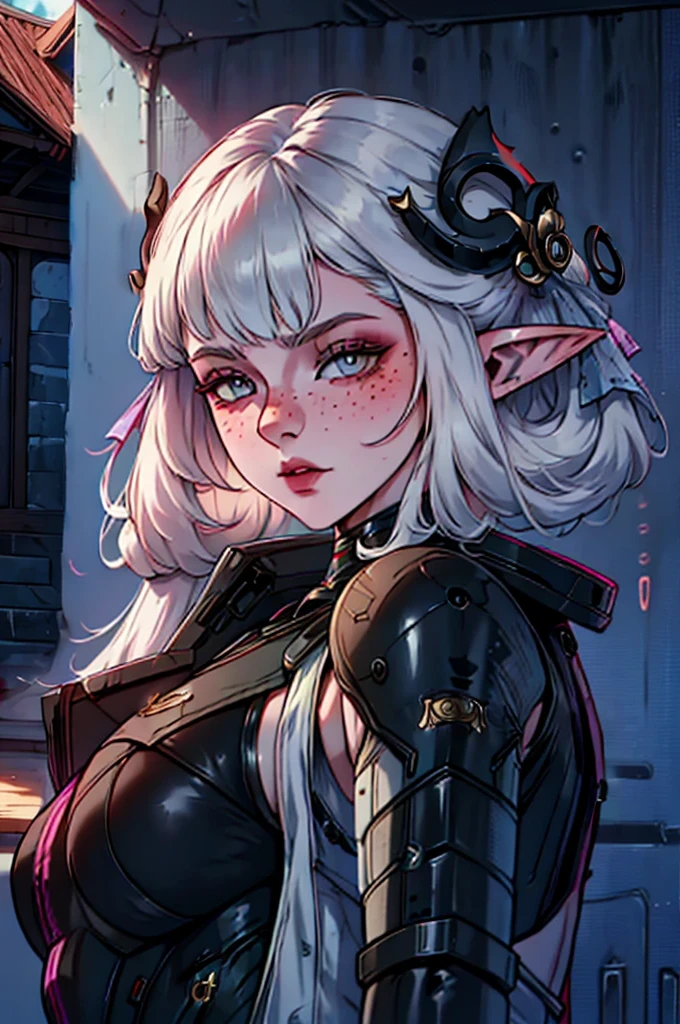 a close up of a female, calm expression, pastel goth, portrait, big elf girl with freckles, light grey eyes, pointy ears, freckles, many freckles on face, white horns, dark aesthetic, unreal 5. rpg portrait, 8k portrait render, unreal engine 5, beautiful female elf, unreal engine character art, female character, female lead character, there is a woman in a black leather outfit posing for a picture, gorgeous goddess