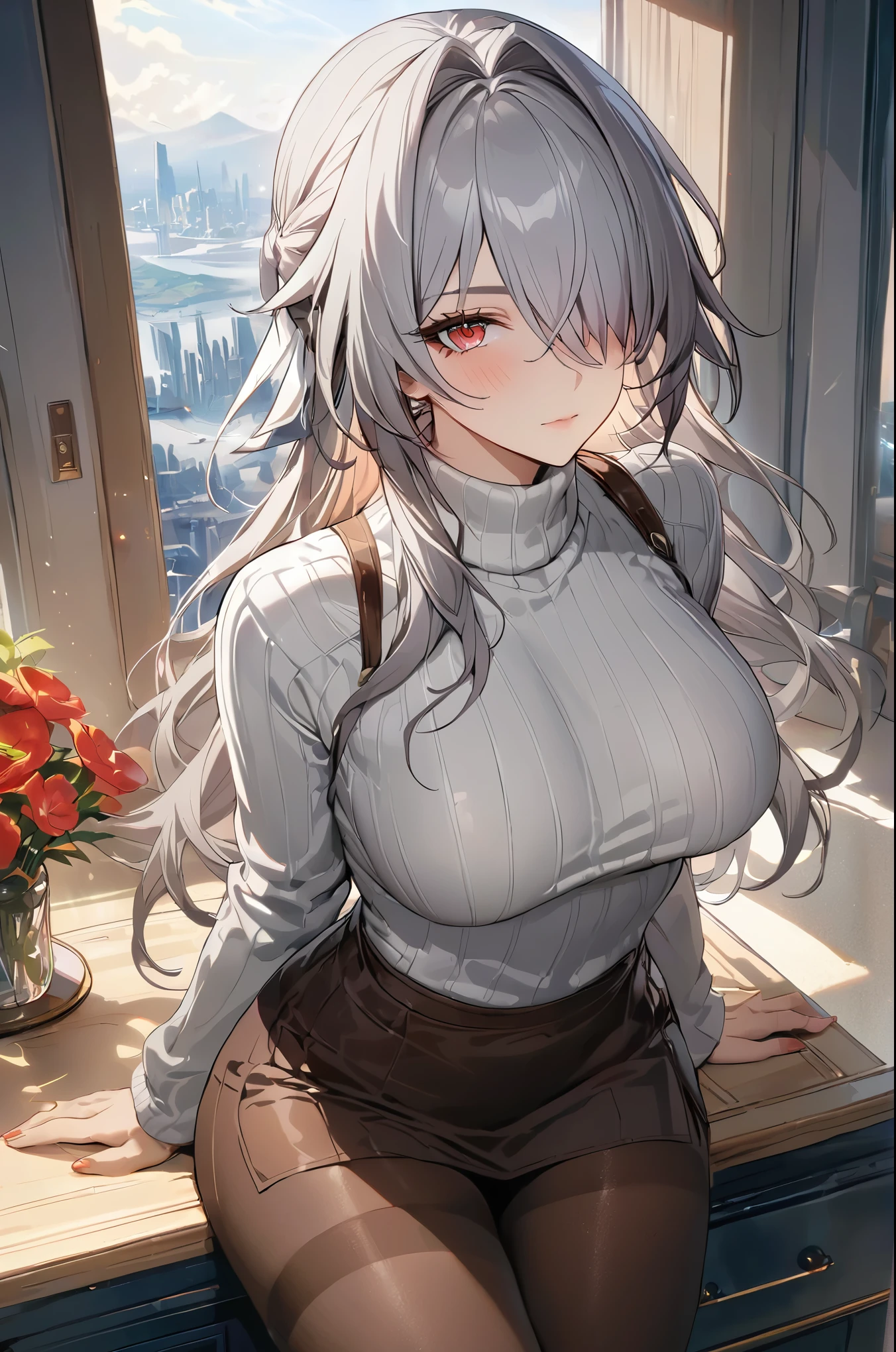 (masterpiece, top quality, best quality, official art, beautiful and aesthetic:1.2),(8k, best quality, masterpiece:1.2), (((masterpiece))),(((best quality))),(((extremely detailed))),illustration, who, (masterpiece, top quality, best quality, official art, beautiful and aesthetic:1.2),(8k, best quality, masterpiece:1.2), masterpiece, best quality, illustration, highres, ultra-detailed, 1girl, acheron \(honkai: star rail\), 1girl, solo, pantyhose, breasts, long hair, apron, hair over one eye, looking at viewer, sweater, red eyes, large breasts, ponytail, turtleneck, arms behind back, ahoge, grey hair, closed mouth, long sleeves, white sweater, turtleneck sweater, thighband pantyhose, black pantyhose, cowboy shot, brown pantyhose, indoors, very long hair, white hair, hair intakes, window
