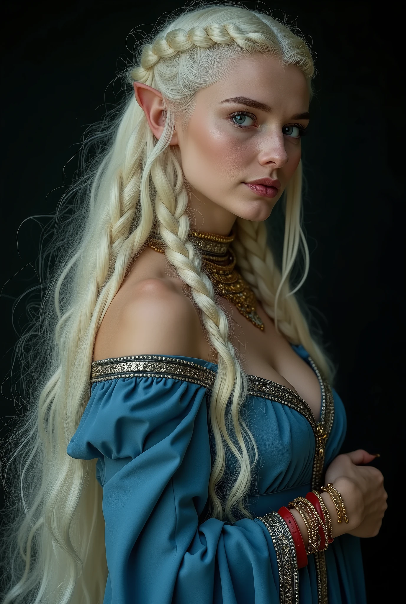 ::1:: Hyperrealistic, high-quality photograph, Hasselblad camera quality. ::1::
::2:: Subject: 18-year-old Nordic woman, Viking warrior essence, ready for battle, full body, topless, Nipples visible ::2::
::3:: Body language: strong, determined expression. ::3::
::4:: Facial features: epic, piercing blue eyes, thick arched eyebrows, fair weathered skin. ::4::
::5:: Hair: blonde, long, flowing, slightly tousled with braids, traditional Viking style. ::5::
::6:: Makeup: Minimal, earth-toned, war paint markings across cheeks and forehead, enhancing fierce warrior look; possible symbolic Viking tattoo visible on one side of her face, representing strength and protection. ::6::

::7:: Pose: bold, commanding, shoulders squared, chin slightly raised. ::7::
::8:: Accessories: intricate Viking jewelry (torc, arm rings with Norse engravings), leather gloves, hand near decorative sheathed sword. ::8::
::9:: Lighting: dramatic soft backlight, halo effect, highlights contours of face and accessories. ::9::
::10:: Ambience: epic natural outdoor setting, dawn or dusk, Nordic landscape backdrop, tranquility before the storm. ::