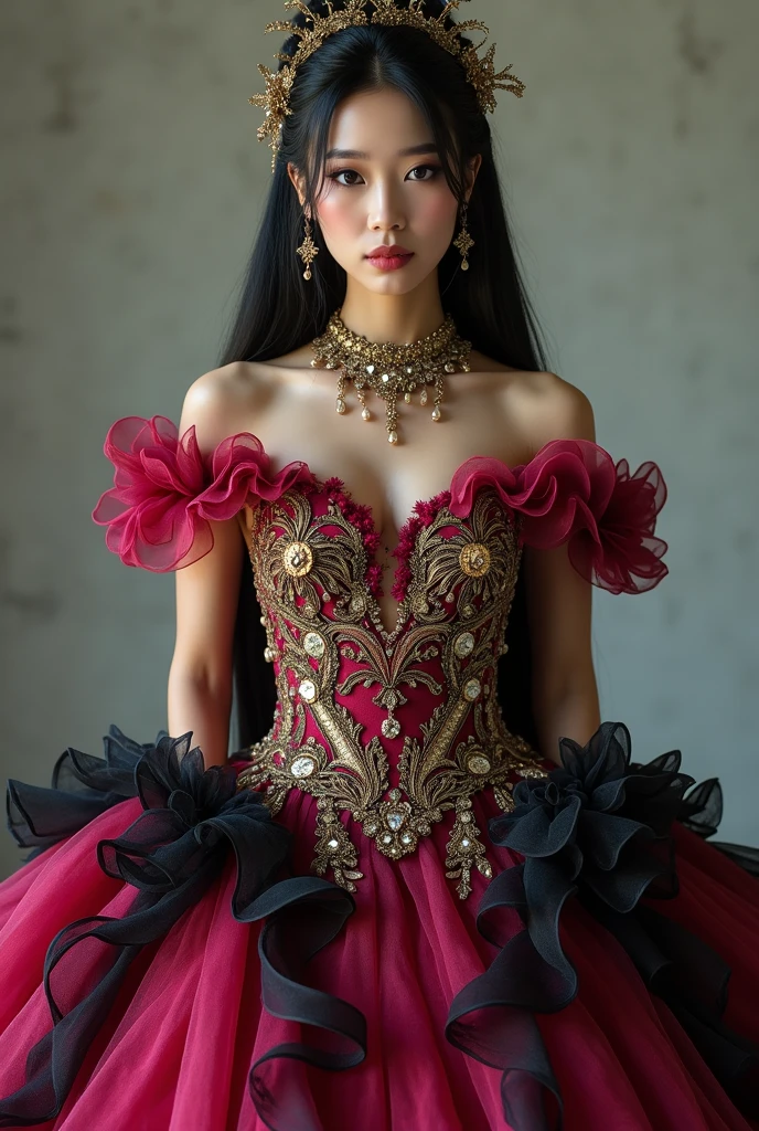 (Extreme HDR) (brightness FX) Photo of an asian woman gigantic Breast 'white skin' with long hair flowing in the wind, wearing a black batik patterned costume, a V-cut strapless corset style batik dress made of carbon patterned satin, a very narrow and stiff V-cut waist decorated with blue jewels, a luxurious long skirt, looks beautiful and stunning, very realistic and detailed, with a royal palace in the background, sitting on a boat, behind it is a blue moon. hyper realistic, hyper detail clothing, Detailed gemstones, masterpiece, best quality:1.2),,(8k,highres,RAW photo,realistic,photo-realistic:1.3),(detailed skin texture,detailed cloth texture, beautiful detailed face:1.25),professional lighting,photon mapping,beautiful soft light,radiosity,physically-based rendering,raytracing, model shoot style, model shoot style, (extremely detailed CG unity 8k wallpaper), full shot body photo of the most beautiful artwork in the world (NSFW), (Nude), (Naked), (carbon fiber corset) (green veiny breast) (steampunk corset) (glowing dress) (blue moon) (cloud)