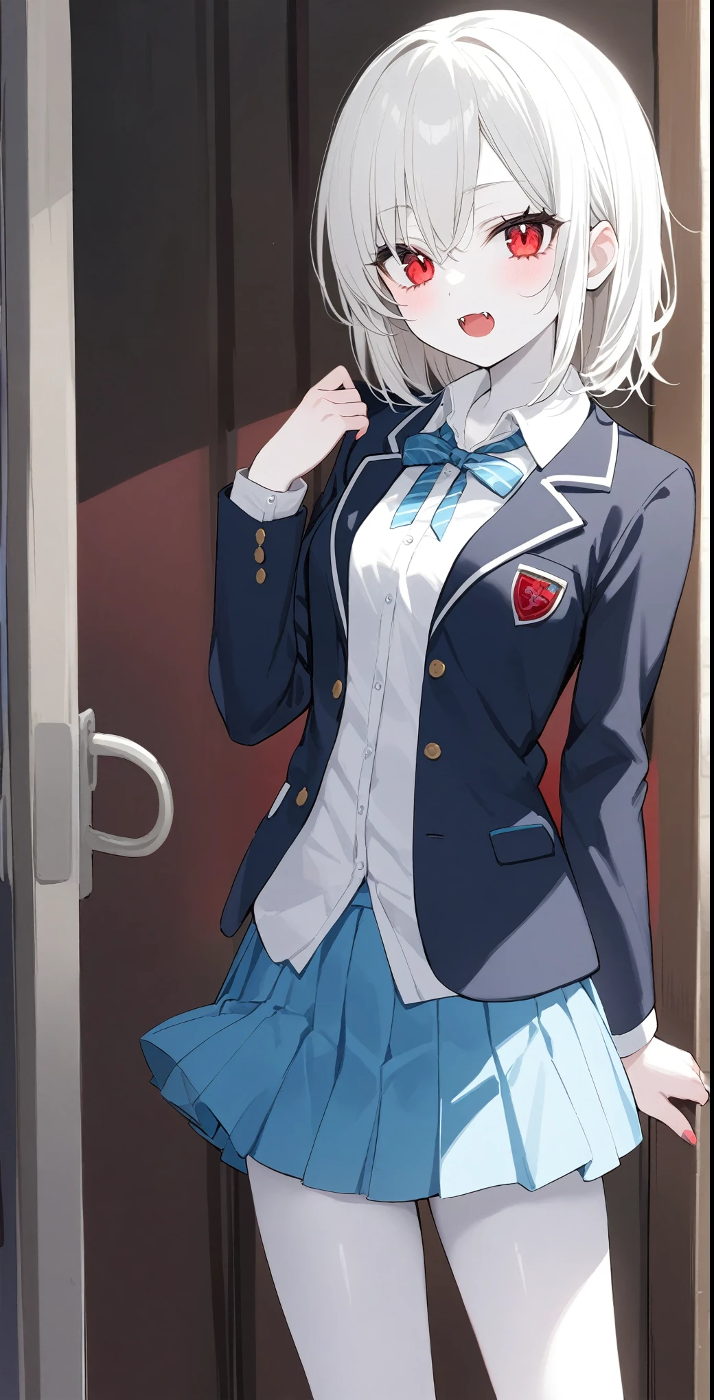 1 Girl、Medium Hair、Red eyes、Fangs growing、vampire、Junior high school students、Pure white pale skin、Pure white hair、Wearing a shirt、Wearing a skirt、Wearing a blazer、Height 170cm or more、vampire学校の生徒、Slightly larger breasts