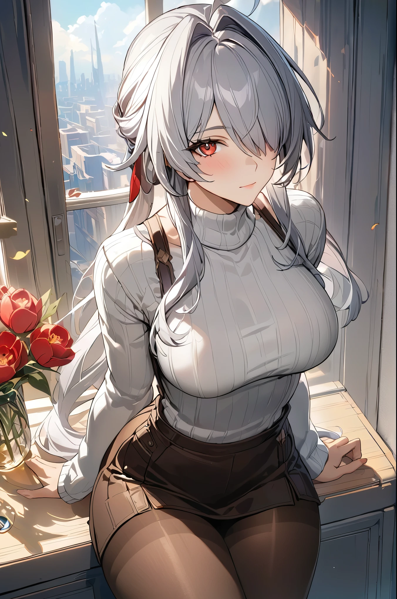 (masterpiece, top quality, best quality, official art, beautiful and aesthetic:1.2),(8k, best quality, masterpiece:1.2), (((masterpiece))),(((best quality))),(((extremely detailed))),illustration, who, (masterpiece, top quality, best quality, official art, beautiful and aesthetic:1.2),(8k, best quality, masterpiece:1.2), masterpiece, best quality, illustration, highres, ultra-detailed, 1girl, acheron \(honkai: star rail\), 1girl, solo, pantyhose, breasts, long hair, apron, hair over one eye, looking at viewer, sweater, red eyes, large breasts, ponytail, turtleneck, arms behind back, ahoge, grey hair, closed mouth, long sleeves, white sweater, turtleneck sweater, thighband pantyhose, black pantyhose, cowboy shot, brown pantyhose, indoors, very long hair, white hair, hair intakes, window
