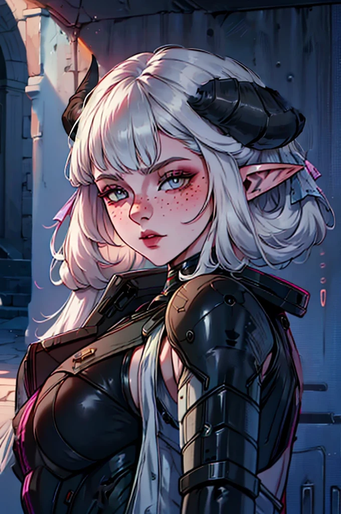 white demon horns, a close up of a female, calm expression, pastel goth, portrait, big elf girl with freckles, light grey eyes, pointy ears, freckles, many freckles on face, white horns, dark aesthetic, unreal 5. rpg portrait, 8k portrait render, unreal engine 5, beautiful female elf, unreal engine character art, female character, female lead character, there is a woman in a black leather outfit posing for a picture, gorgeous goddess