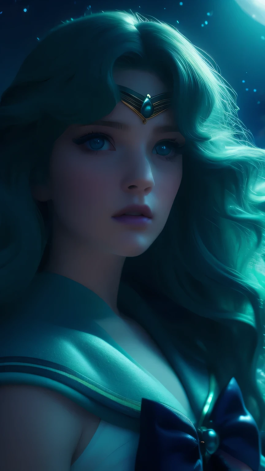 a beautiful sailor neptune, detailed facial features, piercing blue eyes, rosy lips, long eyelashes, turqoise wavy hair, sailor turqoise uniform with a blue bow, portrait in a magical fantasy landscape, colorful flowers, glowing moon in the night sky, dramatic lighting, cinematic composition, high quality, 8k, intricate details, vibrant colors, digital art, concept art style