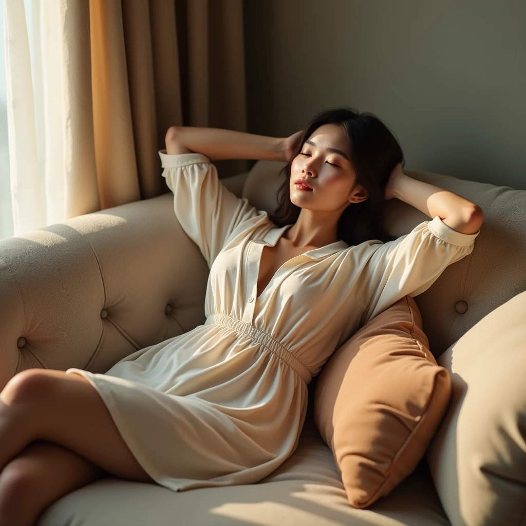 full body photo, beautiful woman from Indonesia, 20 years old, only wearing a very thin white cloth and not wearing pants and bra, nipples clearly visible, body perfectly proportioned, sitting near the window, face shaded, facing the window, raining outside, messy bed background, coffee drinking pose, real reflection of woman in window, hyperrealistic, photorealistic, ultra HD, detailed texture, full body, 8K image.
