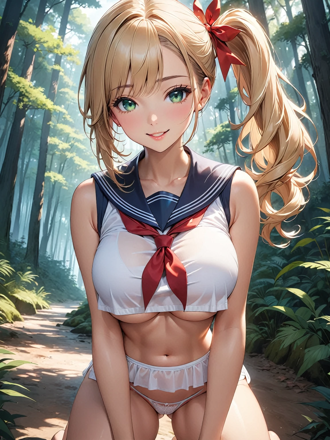 masterpiece, best quality, very aesthetic, anime, 1girl, JK, tareme, Long eyelashes, detailed green eyes, half opened mouth, smile, silky blonde hair, (hair pulled back:1.2), side ponytail, breasts:0.8, (underboob:1.3), Skin with attention to detail,  (spread legs, kneeling:), Captivating thighs, short torso, tiny lace thong:, no bra, sheer crop top white shirt, sleeveless, sailor uniform, (no skirt:1.5), red ribbon tie, forest, front view