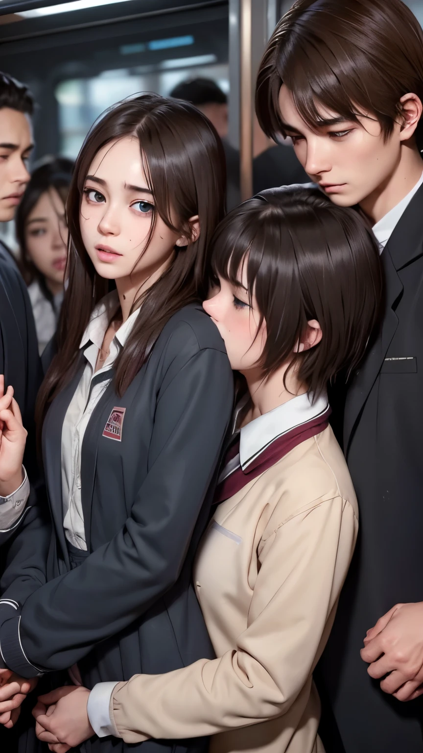 a crowded train with students in school uniforms, a couple embracing from behind, the girl's clothes are sheer and wet, the boy molesting the girl, detailed facial expressions showing the girl's embarrassment and the boy's molestation, (best quality,4k,8k,highres,masterpiece:1.2),ultra-detailed,(realistic,photorealistic,photo-realistic:1.37),highly detailed facial features,extremely detailed eyes and face,longeyelashes,photorealistic,beautiful detailed eyes,beautiful detailed lips,molester,nsfw,embarrassed expression,wet clothes,crowded train,school uniforms,couple,hug from behind,sheer clothes