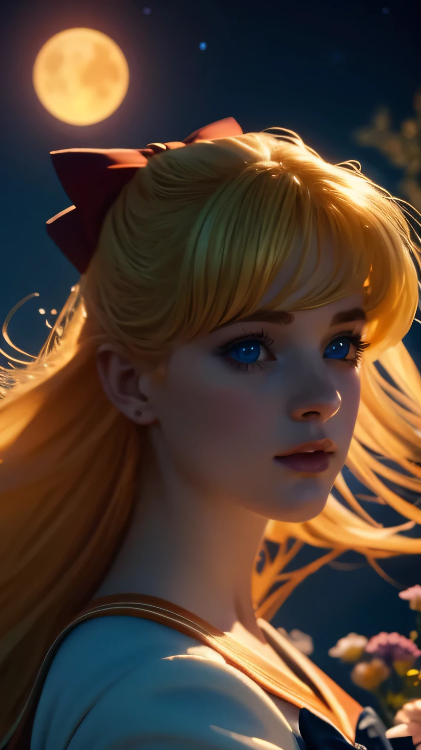 a beautiful sailor venus, detailed facial features, piercing blue eyes, rosy lips, long eyelashes, blonde hair in a red bow, sailor orange uniform with a blue bow, portrait in a magical fantasy landscape, colorful flowers, glowing moon in the night sky, dramatic lighting, cinematic composition, high quality, 8k, intricate details, vibrant colors, digital art, concept art style