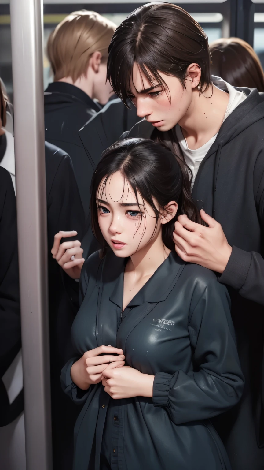 a crowded train with students in school uniforms, a couple embracing from behind, the girl's clothes are sheer and wet, the boy molesting the girl, detailed facial expressions showing the girl's embarrassment and the boy's molestation, (best quality,4k,8k,highres,masterpiece:1.2),ultra-detailed,(realistic,photorealistic,photo-realistic:1.37),highly detailed facial features,extremely detailed eyes and face,longeyelashes,photorealistic,beautiful detailed eyes,beautiful detailed lips,molester,nsfw,embarrassed expression,wet clothes,crowded train,school uniforms,couple,hug from behind,sheer clothes