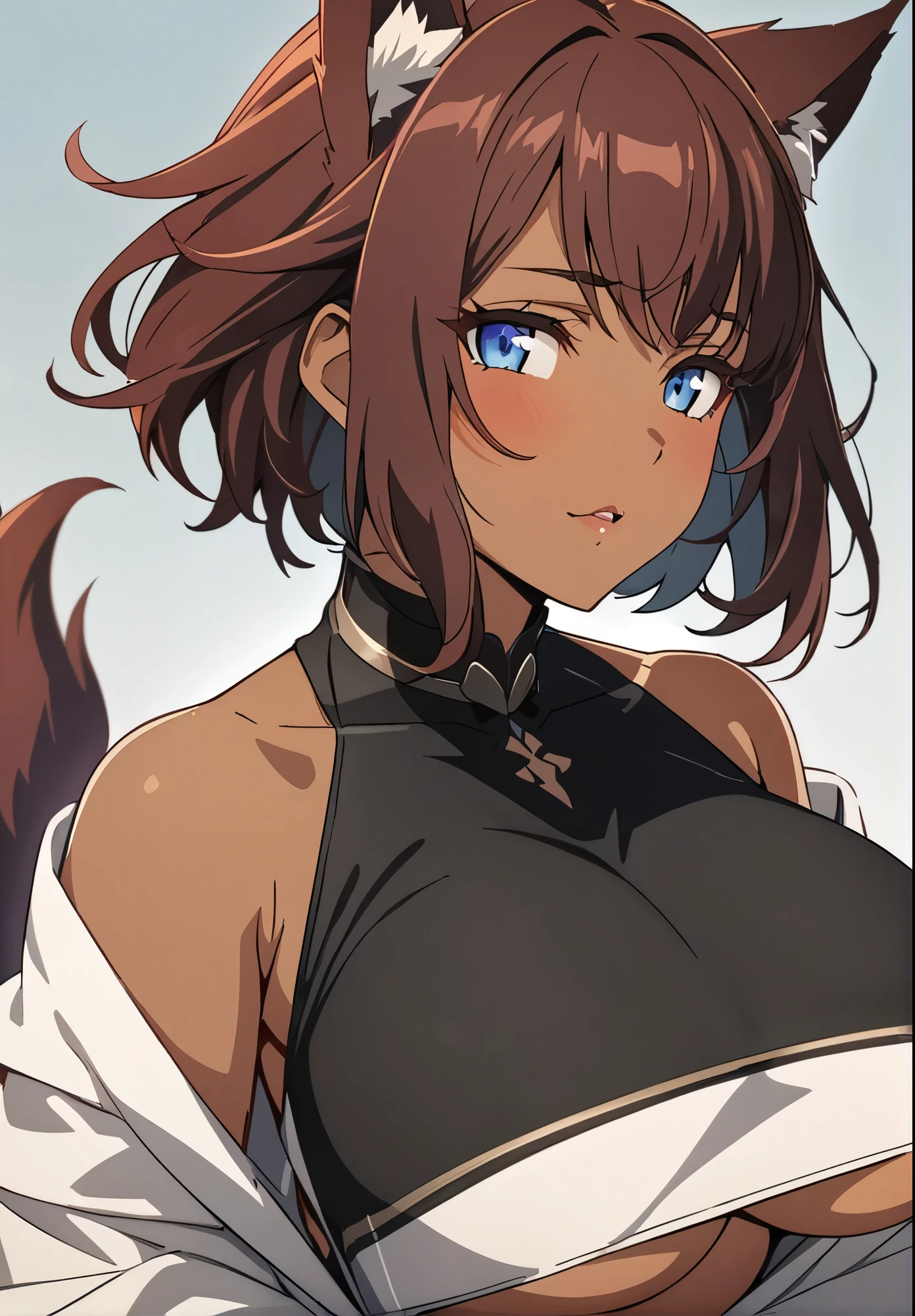 masterpiece, best quality , uitra detailed, highres, solo girl:1.1,mature woman:1.2, anime, reddish brown color hair, pixie cut;1.1,BREAK, big breasts, under boob, (dark skin:1.4), A woman with wolf ears looks shyly at me, wolf ears, wolf tail , BREAK, blue eye,