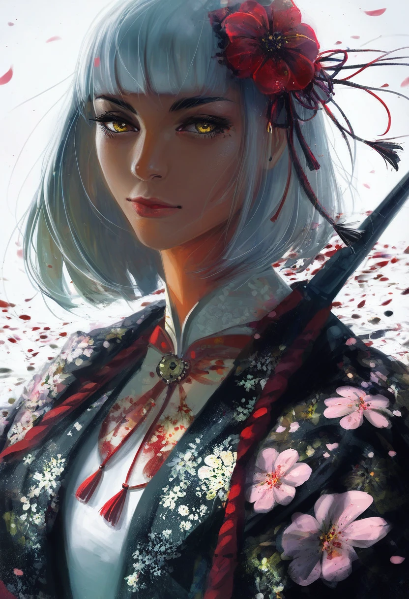 score_9, score_8_up, score_7_up, score_6_up, 1girl, black Kimono, floral golden patterns, blunt bangs, bob cut, white hair, yellow eyes, elegant, sophisticated, 4K resolution, perfect lighting, perfect colors, perfect perspective, balanced composition,High quality, cinematic, dramatic, vibrant colors, bold and dynamic, intricate, detailed, white background, 
