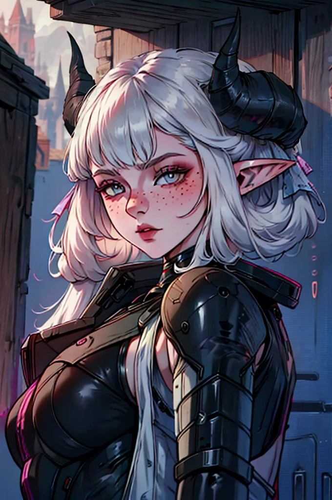 white demon horns, a close up of a female, calm expression, pastel goth, portrait, big elf girl with freckles, light grey eyes, pointy ears, freckles, many freckles on face, white horns, dark aesthetic, unreal 5. rpg portrait, 8k portrait render, unreal engine 5, beautiful female elf, unreal engine character art, female character, female lead character, there is a woman in a black leather outfit posing for a picture, gorgeous goddess