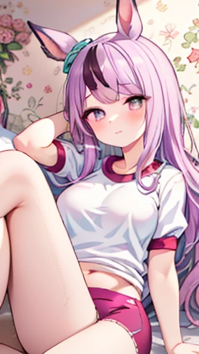 {{{NSFW}}},(masterpiece:1.2),(ultra quality:1.2),(ultra detailed:1.2),(ultra-high resolution:1.2),(very fine 8K CG wallpaper:1.2),Mejiro McQueen \(umamusume\),{1 girl,beautiful girl,cute,smile,kawaii, lovely,blushing,playful expression},sharp focus,oily skin,beautiful detailed hair,glossy hair,(wear gym uniform:1.5),(lying on the bed:1.2),wear bloomer,perfect two legs,(spread two legs:1.2),,five fingers,(large breaths),beautiful detailed eyes,jewel like eyes,violet eyes, (two hands behind head:1.1),open mouth,armpits, solo,beautiful navel,  looking at viewer,collarbone,earring