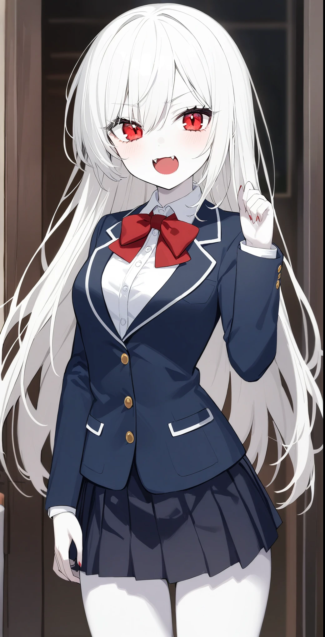 1 Girl、Red eyes、Fangs growing、vampire、Junior high school students、Pure white pale skin、Pure white hair、Wearing a shirt、Wearing a skirt、Wearing a blazer、Height 170cm or more、vampire学校の生徒、Slightly larger breasts