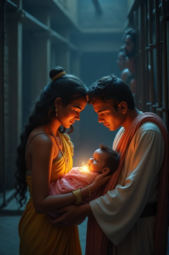Devaki and Vasudev sitting with the newborn Krishna in the dark of the prison