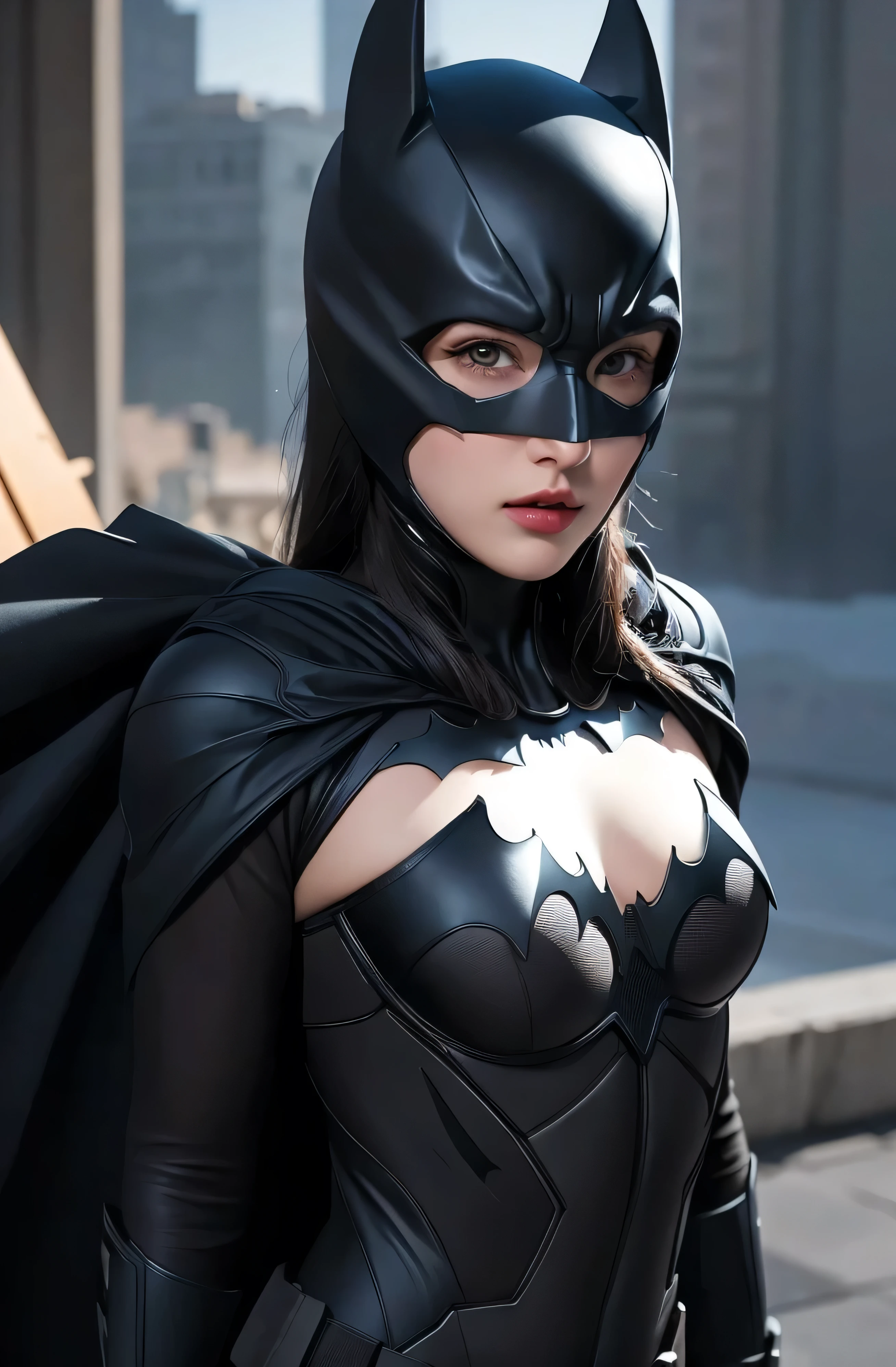 ８k quality、((best quality)), ((masterpiece)), (detailed), 1girl,Batman&#39;s Suit、Nipple piercing、Big Breasts、The areola is small、Brown nipples、Place your fingers on your nipples、Cute Japanese、woman、Light in your eyes,Accentuate the cleavage、