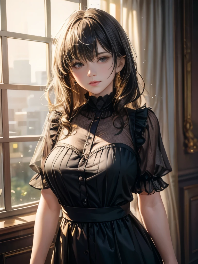 1girl standing, high detail face, looking at viewer, black clothes, full body shot, in the fog, beautiful face, perfect face, highly detailed beautiful face, (highly detailed beautiful eyes), (rending on cgsociety, streaming),((black shadows:1.5)), room without light, (old house in the dark night:1.4), romanticism, atmospheric, RAW photo, best quality, realistic, photo-realistic, masterpiece, an extremely delicate and beautiful, extremely detailed,