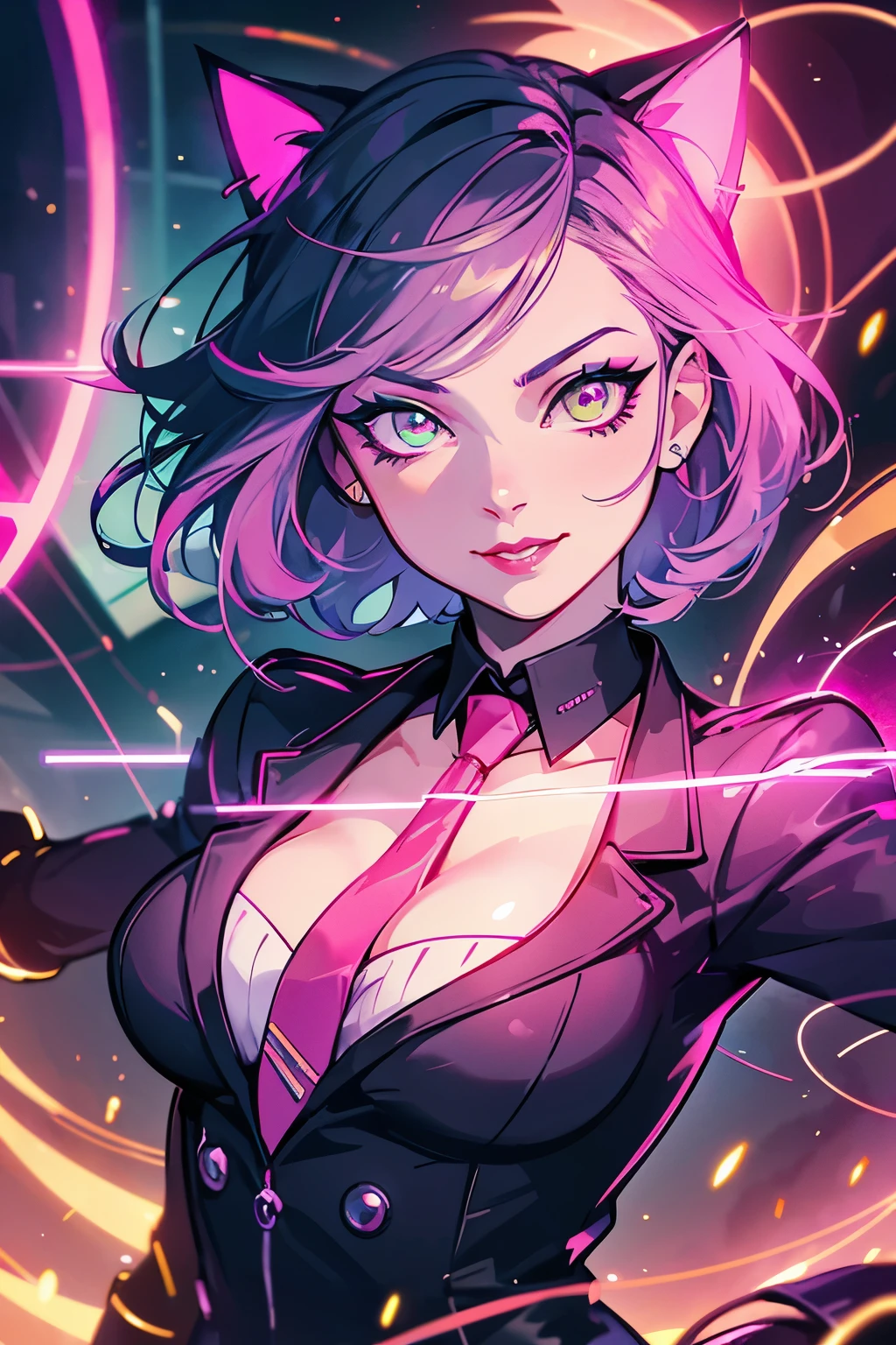 (highest quality:1.2), a cat lady is crawling into cyberspace. From front view, colorful and psychedelic atomosphare, overlapping an image of a cyborg black cat, illuminated by neon light, a photorealistic cute lady, detailed noble face, European faces like a doll, heavily make-up faces with confident smile, brutal eyes with eyeshadow, dark bloody-red lip,Short-cut pink hair, upper body portrait, wearing business suits, wearing tie, wearing tight-skirt.