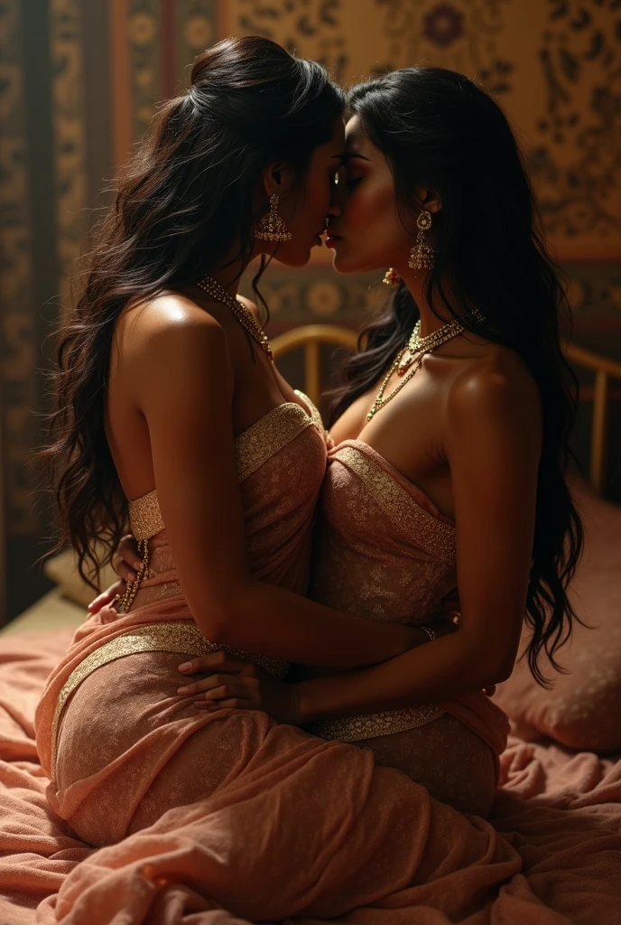 Two indian girl bridal dressed having sex. One girl kiss on neck from back and her hands are pressing boobs