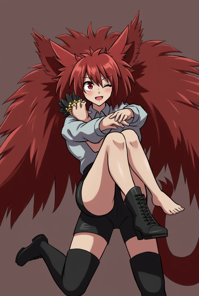 (masterpiece, best quality, high quality, highres, ultra-detailed), <lora:mari_setagaya-07:1>,
mari setagaya, cat-form, 1girl, solo, long hair, red eyes, gloves, animal ears, tail, red hair, cat ears, cat tail, animal hands, standing, white shirt, t-shirt, black skirt, blue panties, ass, 
 <lora:tail_lift:1> taillift, tail, simple background,