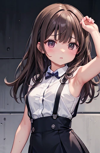 brown hair、looking at the viewer　　suspenders　　　Bulging big breasts　　 　 　　　　Black miniskirt　garter belt　knee high socks　　　　　　Gaze　　　small face　bangs 　　　　　Beauty　　hands up　　 　Gaze 　black boots 　provocation　　armpit sweat　one person 　　put your hands behind your back　cutter shirt　　Panty shot　ginka,大きい胸、